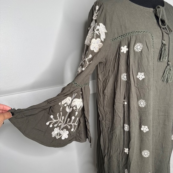 Entro Embroidered‎ Boho Peasant Dress Tassel Tie Olive Green | Size L - Picture 5 of 9